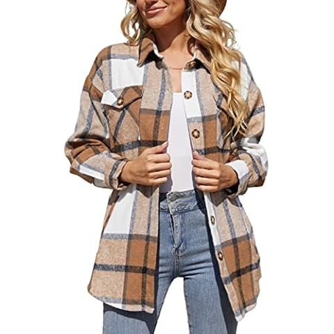 Women's Plaid Shacket, Fall Flannel Shacket Jacket Casual Oversized Button Down Long Sleeve Shirts Shacket Coats for Women, Apricot, Medium Cover