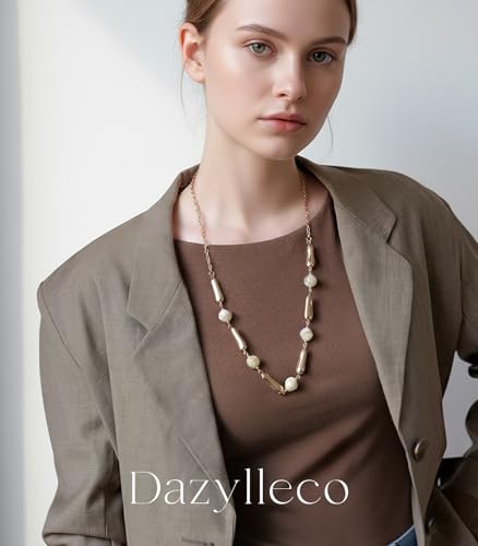 Dazylleco Lange Kette Gold Damen Kette Statement Lang mit Perlen Große Modeschmuck Geschenke für Mama(106-Beige)