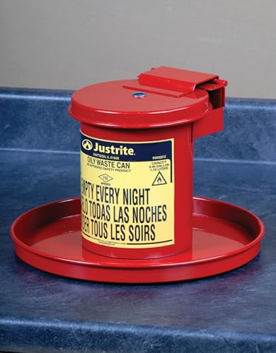 Image of Justrite 0.45 Gallon Galvanized Steel Mini Countertop Oily Waste Can, 10.5 inch x 7 inch Metal Oil Rag Safety Can with Hand Operated Self-Closing Lid for Oily Rag Disposal, Made in The USA, Red, 09400