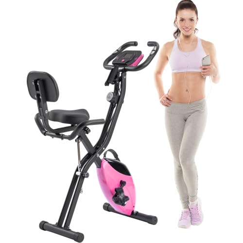 Folding Exercise Bike - Fitness Upright and Recumbent X-Bike with 16-Level Adjustable Resistance, Arm Bands, Backrest, and LCD Display, Pink