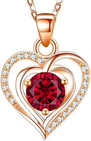 RIVIKO Heart Birthstone Pendant Necklace for Women 925 Sterling Silver Zirconia Rose Gold Plated July Necklaces Christmas Valentine's Day Mothers Day Jewelry Gifts For Girls Mother Wife
