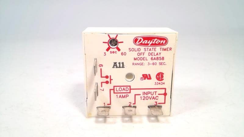 DAYTON 6A858 SPST-NO, 50/60 HZ, 24-240 VAC, ENCAPSULATED, SINGLE FUNCTION, 3 SEC TO 1 MIN TIMER, OFF DELAY, 1 AMP AT 120 V AC CONTACT RATING, 5 PIN RELAY, SOLID STATE, ADJUSTMENT METHOD: POTENTIOMETER