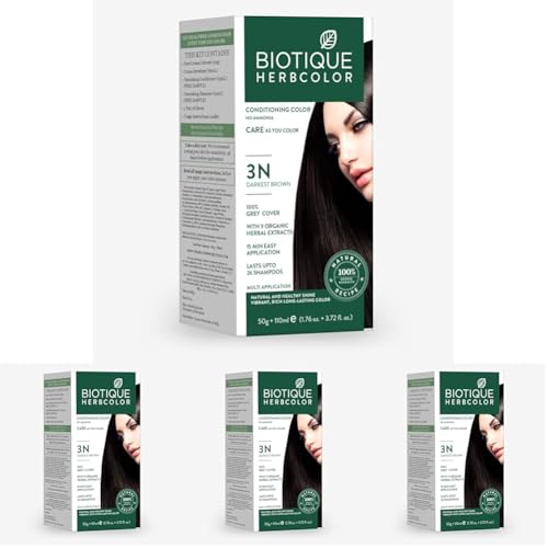 Biotique Herbcolor Conditioning Hair Colour l Ammonia Free Hair Color l 9 Organic Herbal Extracts l Natural and Healthy Shine l 50g + 110ml| Darkest Brown 3N (Pack of 4)