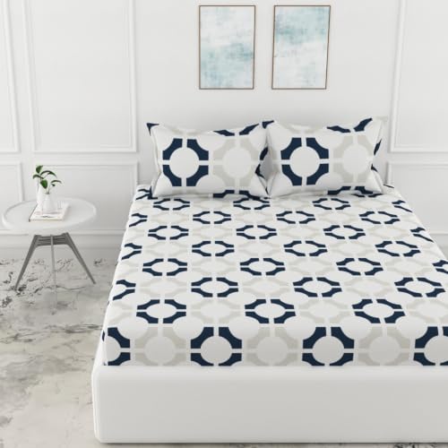 Image of LORETO - A QUALITY LINEN BRAND 144 TC 100% Pure Cotton Double /Queen Fitted Bedsheet with 2 Pillow Covers for 72 x 60 Inch Mattress, All-Around Elastic, 8 Inch Deep Pocket, Colonial Blue Matrix