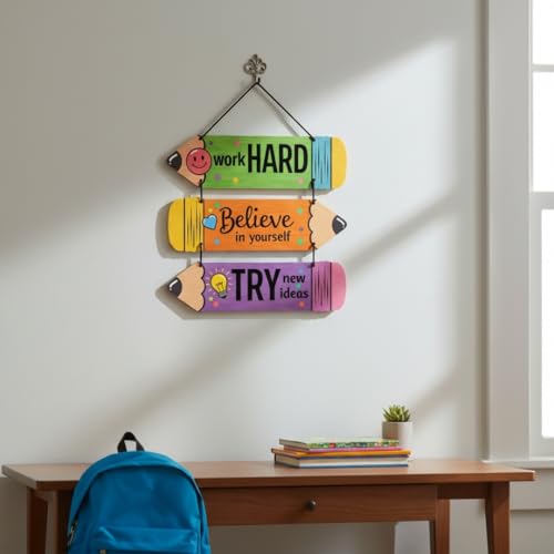 Image of Motivational Wooden Wall Hanging Quotes - Work Hard, Believe in Yourself, Try New Ideas | Colourful Pencil Design MDF Inspirational Wall Decor for Kids Room, Study & Office