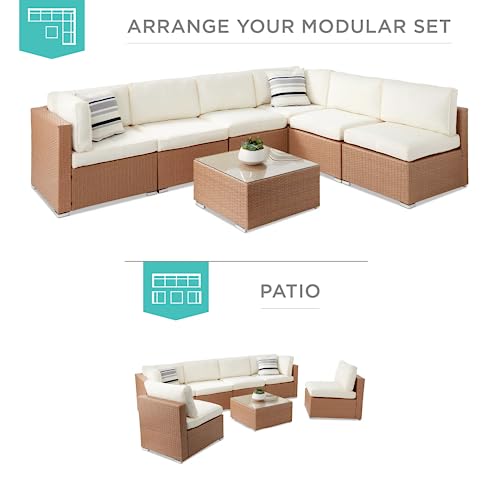 Image of DEVOKO 4 Pcs Outdoor Patio Furniture Wicker Sectional Sofa Conversation Set with Cushions for Garden, Park, Porch, Patio, Poolside, Backyard (Beige and Off White)