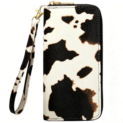 Image of Checkered Cow Print Wallet For Women Skull Goth Frog Butterfly Turtle Ladies Cluth Wristlet Wrist Strap Long Purse Zip Around Card Holder