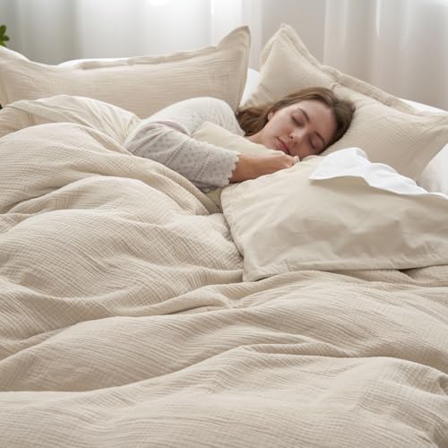 PHF Cotton Muslin Duvet Cover King Size 3-Layer Ultra-Soft Lightweight Breathable Textured Guaze Skin-Friendly Minimalist Comforter Cover Set for All Season with 2 Pillow Shams 104x90 Natural