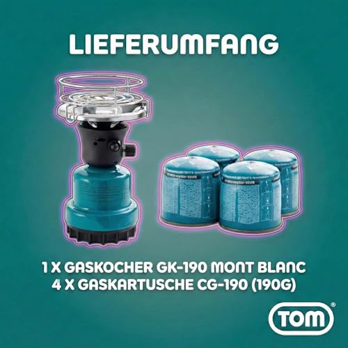 Foto von TOM Adventure Gas Campingkocher Set mit 4 x Butan Gaskartusche – 1 - flammig – Piezo-Zündung – Kartuschenkocher für Camping, Festivals & Outdoor Aktivitäten oder als Kohleanzünder