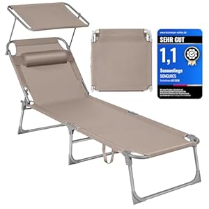 SONGMICS Sonnenliege, klappbarer Liegestuhl, 193 x 53 x 29 cm, trägt bis zu 150 kg, Sonnenschutz, Kopfkissen, verstellbare Rückenlehne, für Garten, Pool, Terrasse, taupe GCB192K01