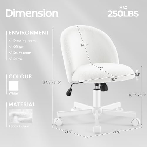 Vanity Chair with Back,Armless Desk Chair Cute Small Office Chair,Teddy Fabric Computer Chair with Adjustable Height,120°Tilting,Rolling,Swivel for Vanity,Kids Room,Office,Bedroom  image 3
