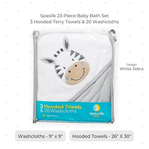 Image of Spasilk 23-Piece Soft Terry Hooded Bath Towel and Washcloth Gift Set, 3 Baby Towels and 20 Baby Washcloths for Unisex Newborn Bath Essentials, Ideal, White Zebra