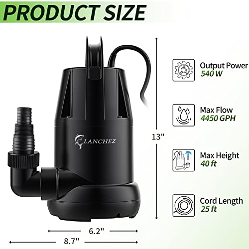 Lanchez Submersible Sump Pump 3/4 Hp 4450 Gph, Utility Pump For Clean/Dirty Water Removal, Transfer Water Pump For Swimming Pool Garden Pond Basement, Drain Pump For Draining Flooded House Backup #TOP1