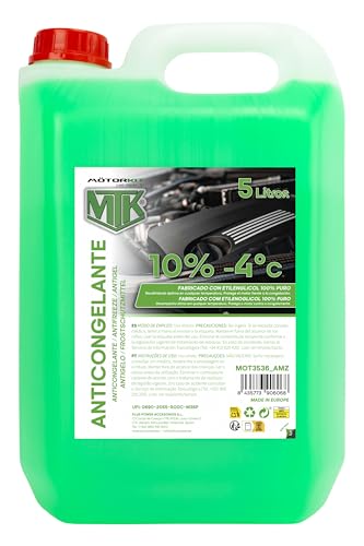 Motorkit MTK Antigelo Refrigerante Verde 5 L, –4°C, Pronto all’Uso, 10%, 100% Glicole Etilenico Puro, Protezione del Motore dal Gelo e dal Surriscaldamento