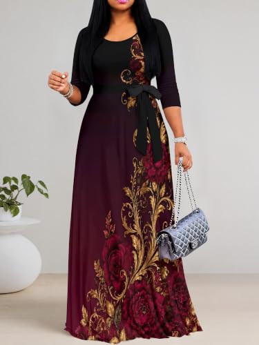 Image of Women's V Neck Floral Maxi Dress 3 /4 Sleeve Plus Size Boho Wrap Flowy Long Dresses with Belt