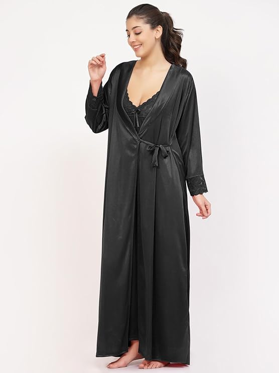 come4try Women's Satin Nightgown Set with Robe, Black, XXL - Image 3