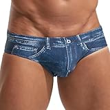 PINKY SENSON Swim Briefs Men's Faux Jeans Print Quick-Dry Beachwear Adjustable Drawstring Surf Board Shorts for Water Sports Navy Blue M