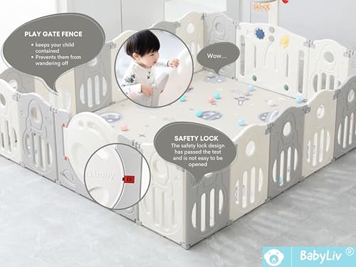 Image of 39 Sq Ft Extra Large Baby Playpen | Space-Themed 16-Panel Play Yard with Soft Mat, Basketball Hoop & Ball Pit Area | Indoor /Outdoor Toddler Fence | Grey-White | ISO & CE Certified