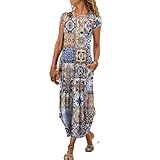 Womens Ethnic Print Short Sleeve Maxi Dress Casual Summer Floral Round Neck Flowy Maxi Dresses with