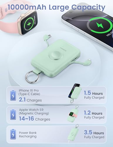 Image of RORRY CharmGo Portable Charger, 10000mAh 20W Fast Charging Portable Charger Power Bank with Built in Cables, Travel Battery Pack for iPhone 17 /16 /15 /14 /13 /12 and Apple Watch, Green
