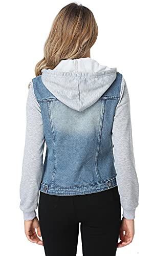 MISS MOLY Women's Hooded Jean Jacket Drawstring Layered Washed Long Sleeve Sweatshirt Hoodie Denim Jacket w 2 Pockets2