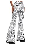 WDIRARA Women's Newspaper Print Flare Wide Leg Elastic Waist Fitted Funky Letter Print Pants Black and White Medium