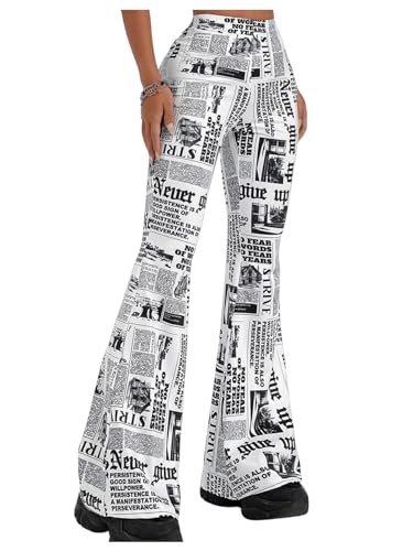 WDIRARA Women's Newspaper Print Flare Wide Leg Elastic Waist Fitted Funky Letter Print Pants Black and White Medium