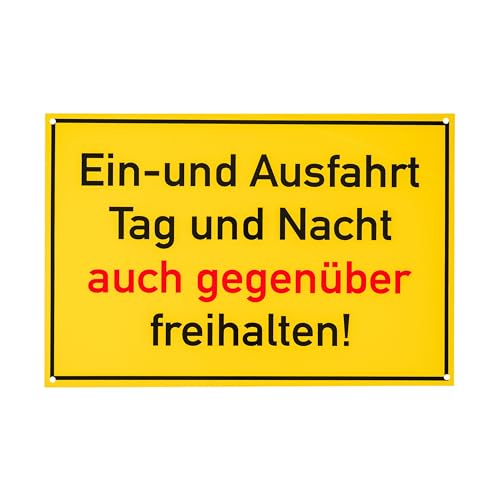 Hinweisschild 'Ein- und Ausfahrt auch gegenüber freihalten!', 1 Stück, 30 x 20 cm, 2,7 mm starkes PVC Schilder mit Bohrlöchern, Parken hier verboten für Innen- und Außenbereich, Parkverbot Warnhinweis