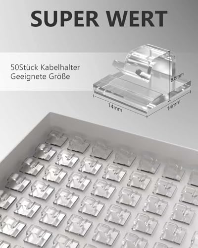 Tesmax Kabelhalter Selbstklebend,Kabelclips Selbstklebend für Kabelmanagement Kabel Organizer Kabelklemmen, Kabelbefestigung Kabelhaken Draht Halter Lichterkette 50 Stück(Transparent)