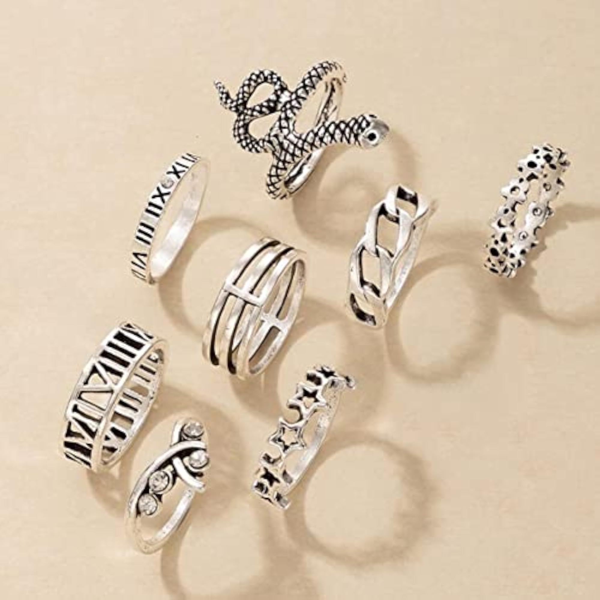 Silver Plated Snake Stackable Rings Set of 9