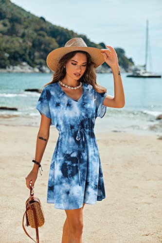 Ekouaer Saída de praia feminina de manga curta com decote em V, Tie Dye azul, GG