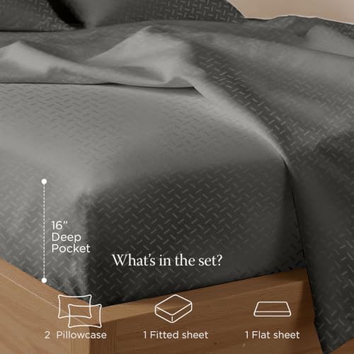 Image of Threadmill 300TC Cotton Queen Sheet Set, Sateen, Jacquard, Dark Grey | 100% Cotton, Sateen Weave, Jacquard Pattern, 4-Piece Set, 16 inch Deep Pocket, Cooling, OEKO-TEX Certified, Machine Washable