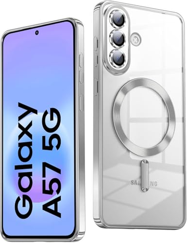 Image of VONZEE Clear Logo Electroplating Transparent Back Case for Samsung Galaxy A57 5G, Magnetic Plating Electroplate TPU Cover, Individual Camera Protection for Each Lens- Silver
