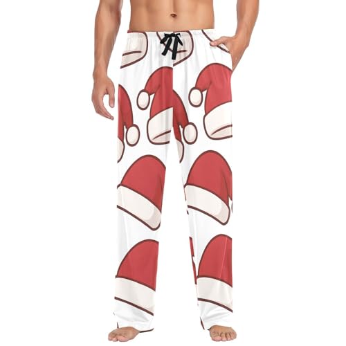 Santa Hats Pattern Men's Pajama Bottoms Plaid Pajamas Pants for Men Soft Long Lounge Woven Pj Sleep Pant with Pockets