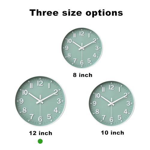 Image of HZDHCLH Green Wall Clocks Battery Operated,12 inch Silent Non Ticking Modern Wall Clock for Living Room Bedroom Kitchen Office Classroom Decor