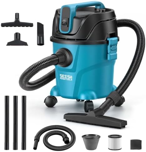 Seesii Nass- und Trockensauger 10L 1100W 2,5PS, Werkstattsauger mit Gebläse | Nass-/Trockenbetrieb, Saugen & Blasen, Kunststoffbehälter, Werkstatt, Garage, Bau, Auto, 4 Lenkrollen,