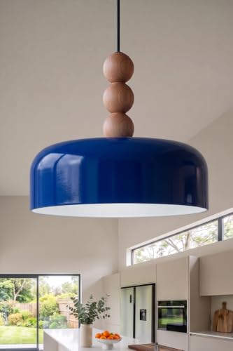 Marella Ahşap 3 Boncuklu Sarkıt Avize, Bohem Tavan Lambası ve Salon Mutfak Aydınlatması - Lacivert - 30 cm - Modern Dekoratif Tavan Armatürü