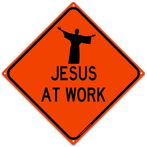 Jesus At Work 12" x 12" Funny Tin Road Sign Christian Faith Christianity Inspirational Miracle Workings Home Decor