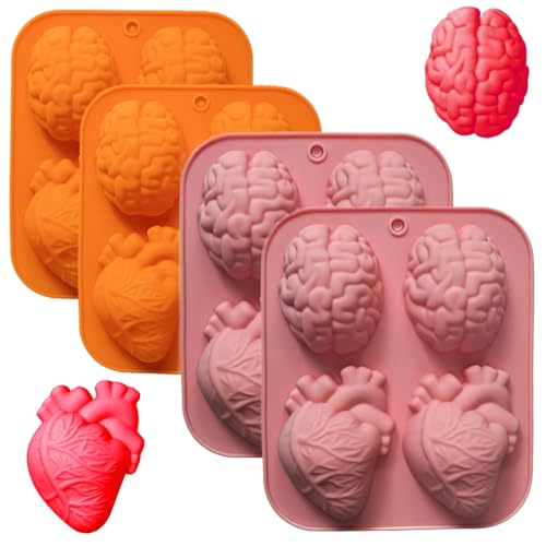 Silicone Heart and Brain Mold - 4Pcs 3D Realistic Halloween Heart and Brain Jelly Mold for Chocolate Jelly Pudding Gelatin Molds