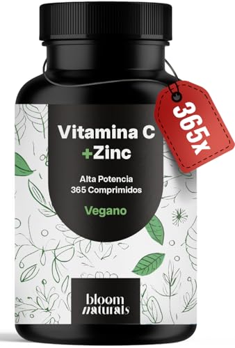 Vitamina C + Zinc Alta Potencia – 365 Comprimidos (Suministro Anual) – Vitamina C 500mg + 15 mg Zinc – Vegano – Producido en Alemania – Analizado en Laboratorio