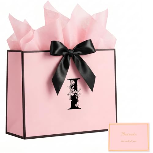 JEKUGOT Alphabet Birthday Gift Bag, Personalized Initial Large Gift Bags with Card and Tissue Paper, Pink Bow Gifts Bag for Birthday Party, Wedding, Graduation, (Letter I)