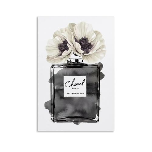 Image of BanLaArt Fashion Perfume Bottle Black With Grey & White Poppy Canvas Print Poster Decorative Painting Canvas Wall Art Picture Print Modern Family Bedroom Decor 12x18inch(30x45cm)