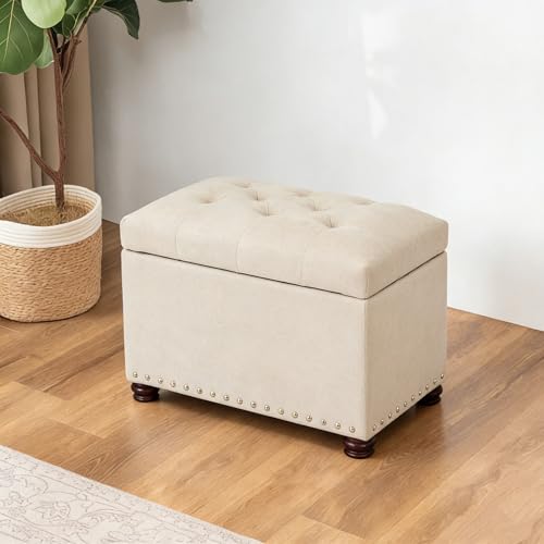 Banco otomano de tela Joveco arcon rectangular beige para almacenamiento 3
