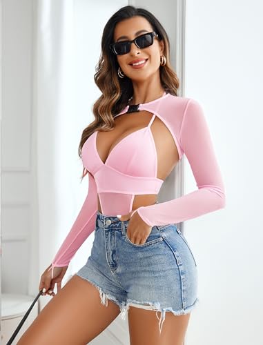 Image of Avidlove Rave Outfits for Women Festival Sexy Lingerie Bodysuit 2 Piece | Buckle shrug crop top halter bodysuit set, snap closure, breathable mesh, for concerts and club nights