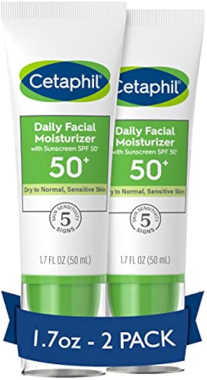 CETAPHIL Daily Facial Moisturizer SPF 50, Gentle Facial Moisturizer For Dry to Normal Skin Types, No Added Fragrance, (Packaging May Vary), 1.7 Fl Oz (Pack of 2)