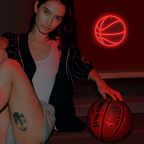 Image of Lumoonosity Basketball Neon Sign - Basketball Lights for Bedroom, Game Room, Wall, Basketball Theme Room Decor - Cool Basketball Neon Light for Fans - Hanging Sports Led Signs with Red Color