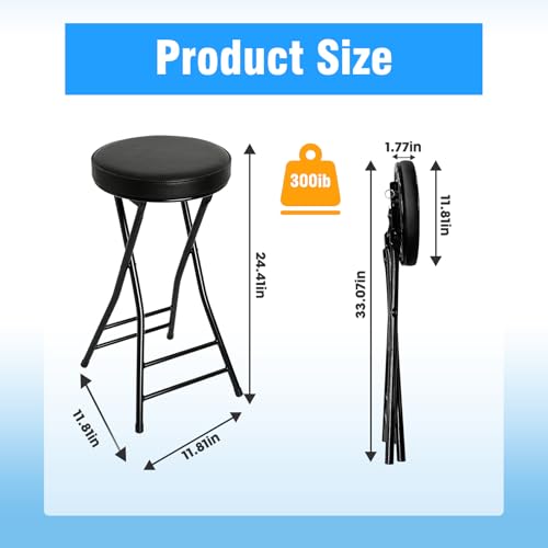 Image of Folding Bar Stool,24 Inch Tall Foldable Stool Chair,4PCS Height Cushioned Leather Padded Bar Chair for Kitchen Fishing Hiking Gardening Travel BBQ