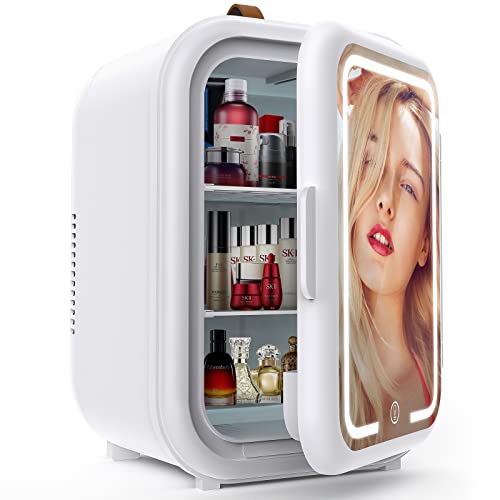 COOSEON 7 Liter Mini Fridge, Portable Beauty Skincare Makeup Fridge with LED Mirror, AC/DC Thermoelectric Cooler and Warmer Refrigerators for Bedroom, Room, Office, Car (White)