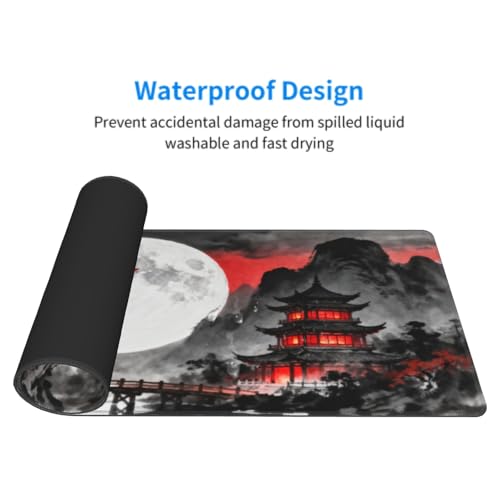 Image of Black Red Japanese Mouse Pad 31.5x11.8 XL Mountain Moon Watercolor Design Extended Large Mousepad Keyboard Mouse Mat Desk Pad with Non-Slip Rubber Base Stitched Edges for Home Office Game