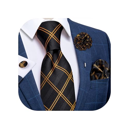 DiBanGu Silk Ties for Men Necktie and Lapel Pin Brooch Set Formal Woven Paisley Plaid Striped Solid Tie Wedding Party, Black and Gold